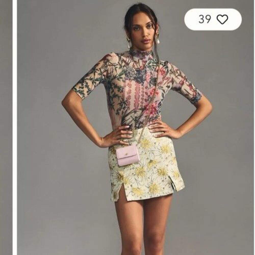 Anthropologie Printed Mesh Turtleneck M Floral Bird Tropical Tattoo Y2K Style
